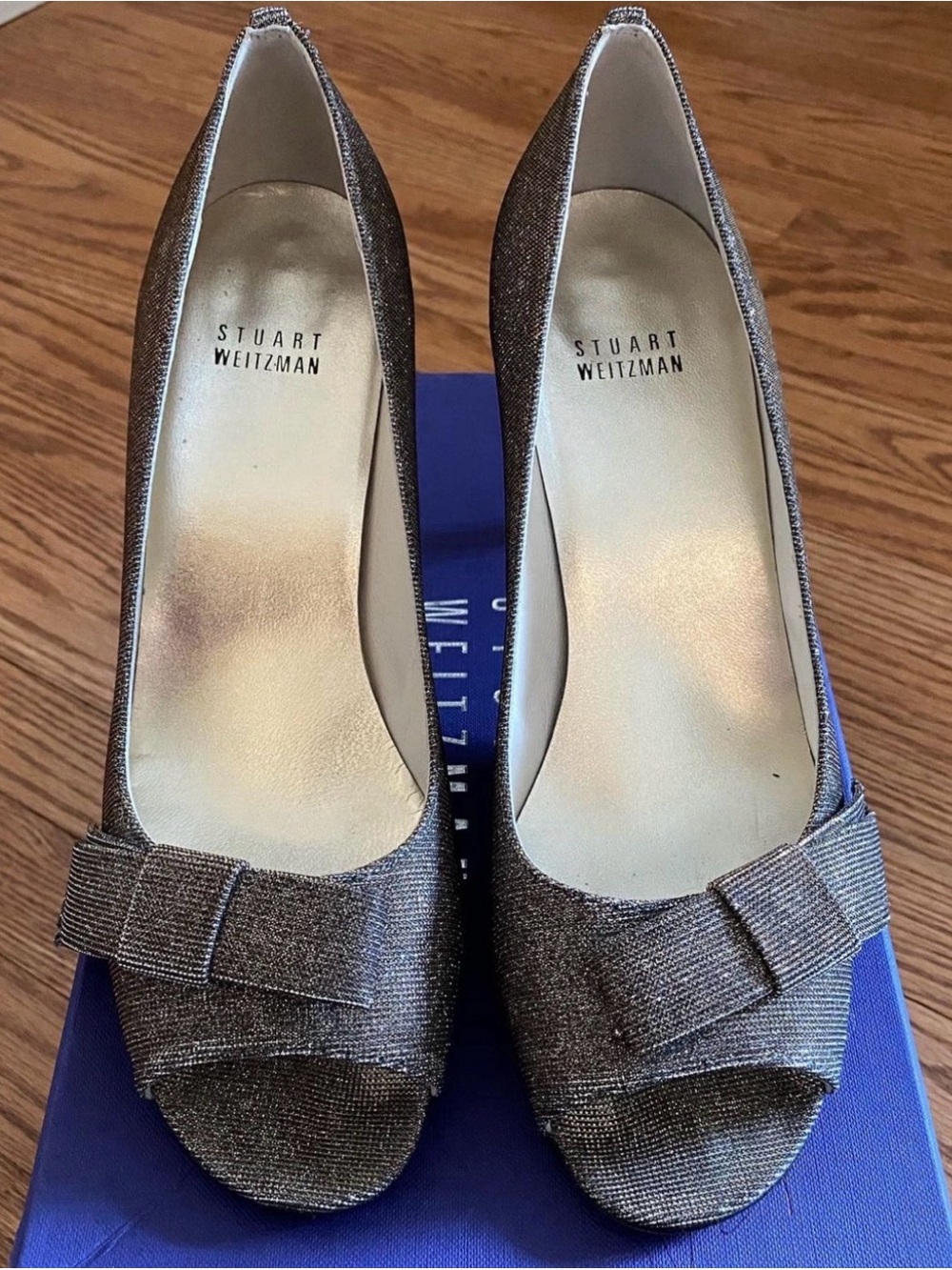 Stuart Weitzman Metallic Bronze/Silver Open-Toe Bow Pumps